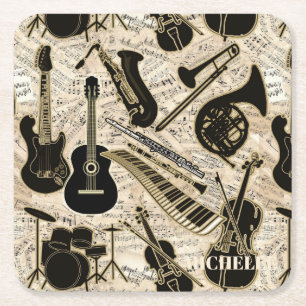 Sheet Music and Instruments Black/Gold ID481 Square Paper Coaster