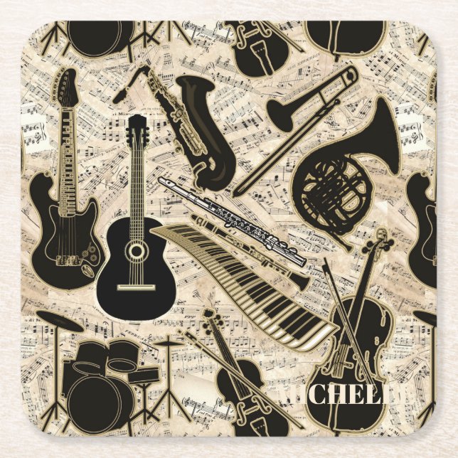 Sheet Music and Instruments Black/Gold ID481 Square Paper Coaster (Front)