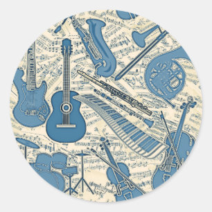 Sheet Music and Instruments Blue/Ivory ID481 Classic Round Sticker