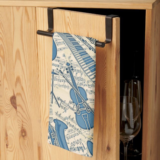 Sheet Music and Instruments Blue/Ivory ID481 Tea Towel (Thirds Fold)