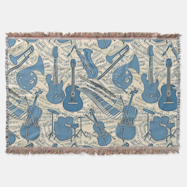 Sheet Music and Instruments Blue/Ivory ID481 Throw Blanket (Front)