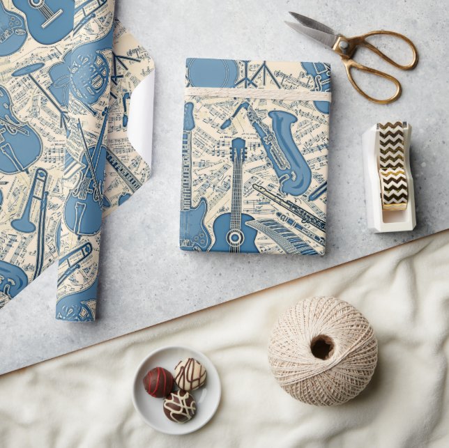 Sheet Music and Instruments Blue/Ivory ID481 Wrapping Paper (Crafts)