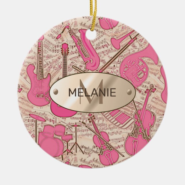 Sheet Music and Instruments Pink/Ivory ID481 Ceramic Ornament (Front)