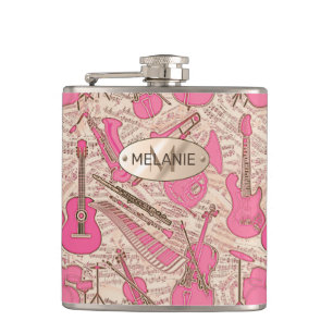 Sheet Music and Instruments Pink/Ivory ID481 Hip Flask