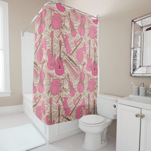 Sheet Music and Instruments Pink/Ivory ID481 Shower Curtain (In Situ)