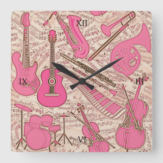 Sheet Music and Instruments Pink/Ivory ID481 Square Wall Clock (Front)