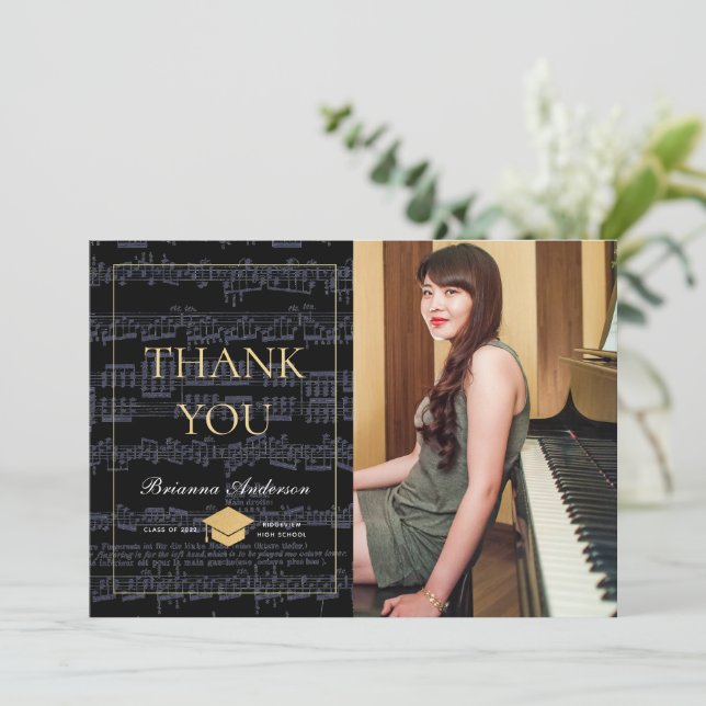 Sheet Music Black & Gold Photo Thank You Card (Standing Front)