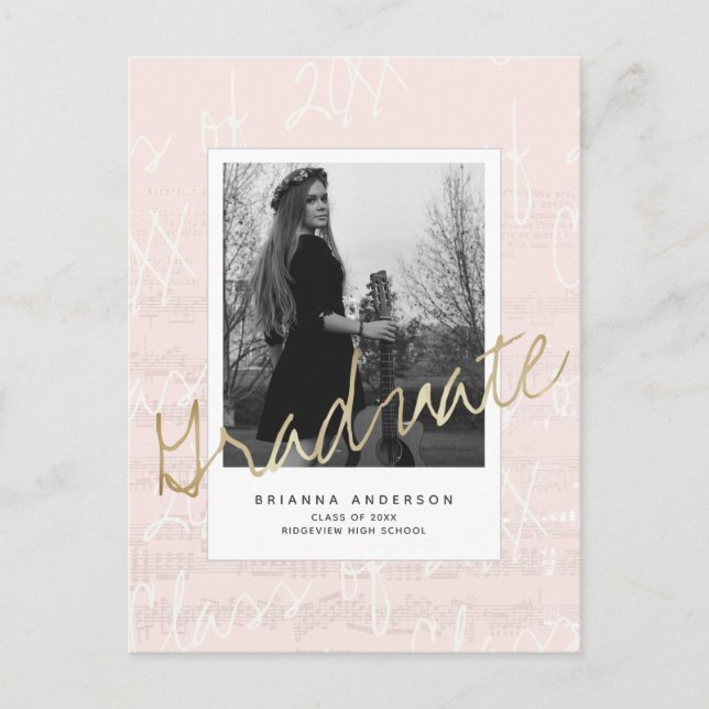 Sheet Music Brush Script Pink Photo Graduation Announcement Postcard (Front)