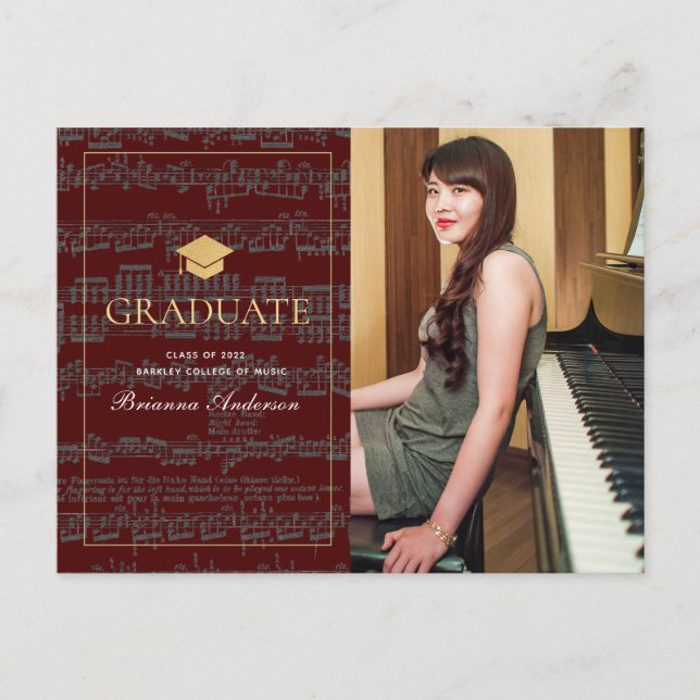 Sheet Music Burgundy Photo Graduation Announcement (Front)