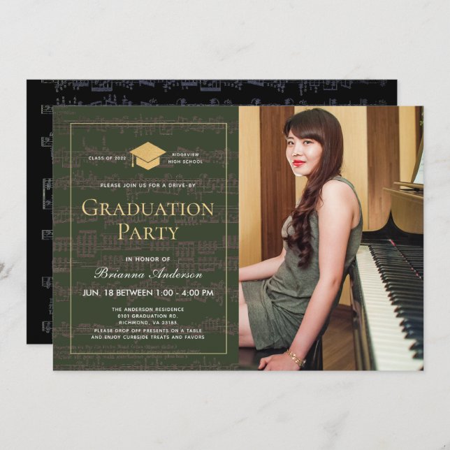 Sheet Music Green Gold Photo Drive-by Graduation Invitation (Front/Back)