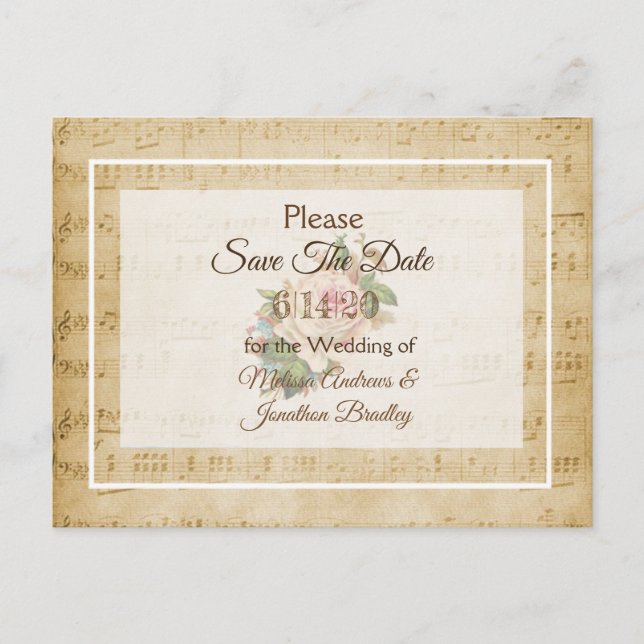 Sheet Music Pink rose Save the Date Postcard (Front)