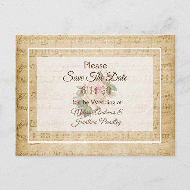 Sheet Music Pink rose Save the Date Postcard (Front)