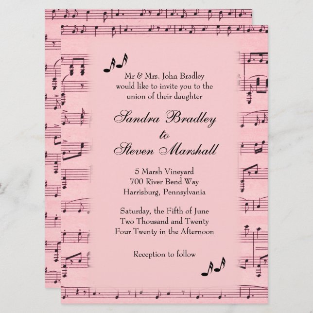 Sheet Music Pink Wedding Invitation (Front/Back)