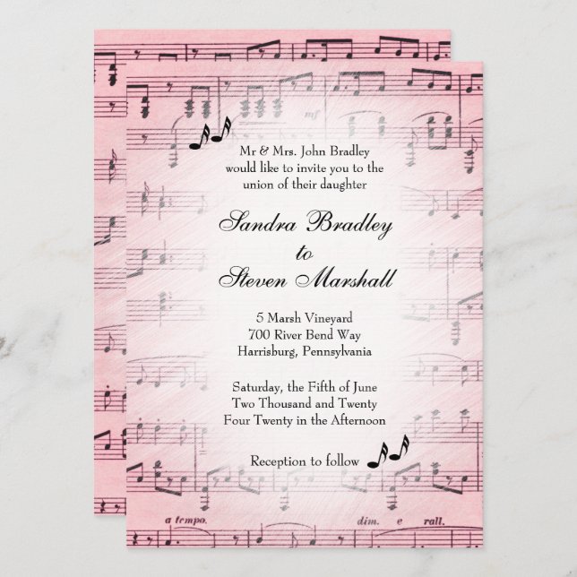 Sheet Music Pink Wedding Invitation 2 (Front/Back)
