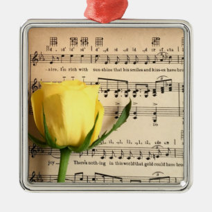 Sheet Music Yellow Rose Metal Ornament
