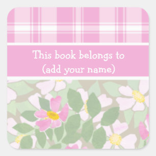 Sheet of 20 Bookplates: Pink Dogroses and Plaid Square Sticker