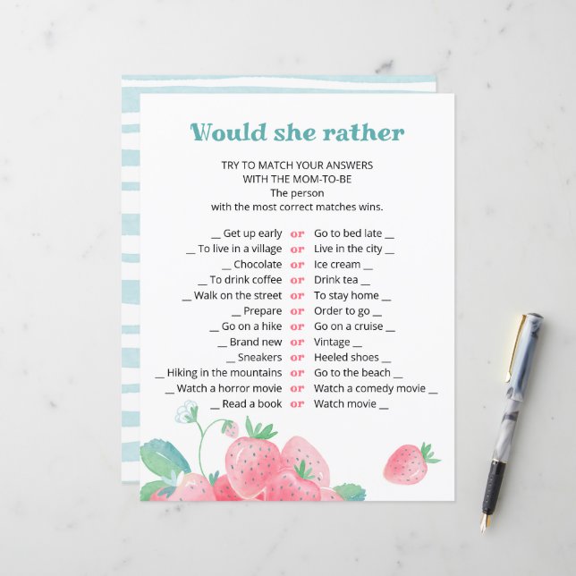 Sheet of baby shower game cute strawberries. (Front/Back In Situ)