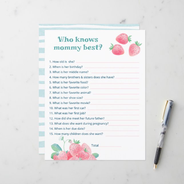 Sheet of baby shower game cute strawberries. (Front/Back In Situ)