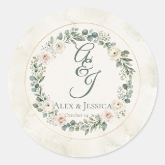 Sheet: Personalised Botanical Wedding Envelope  Classic Round Sticker