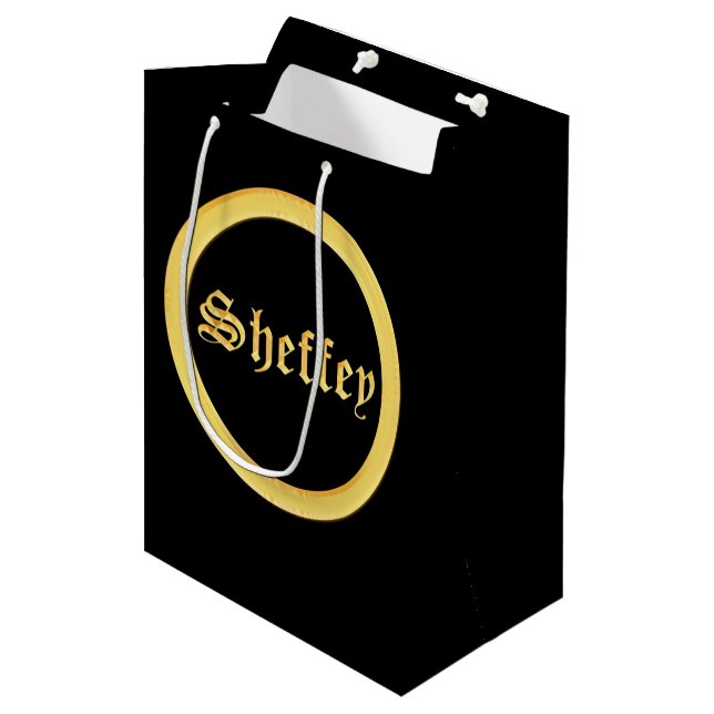 Sheffey Fonts - Black and Gold Monogram Medium Gift Bag (Front Angled)