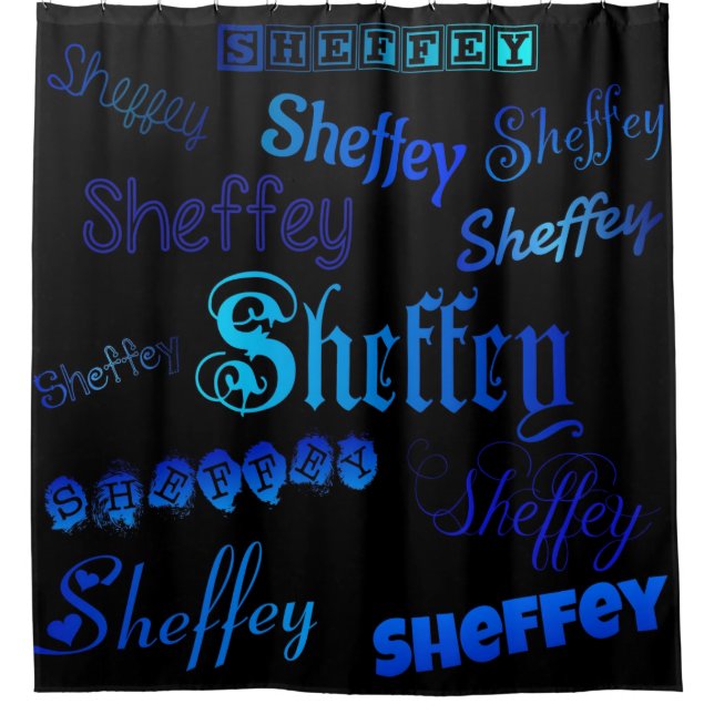 Sheffey Fonts - Shades of Blue on Black shower Shower Curtain (Front)