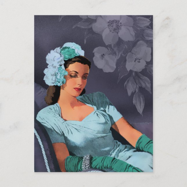 Sheila - 1940s Evening Wear in Turquoise and Blue Postcard (Front)