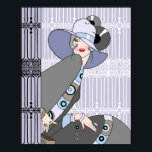 Shelby, 1920s Art Deco Lady in Mauve and Grey Poster<br><div class="desc">Shelby is seated in front of and next to a beautiful set of art deco ironwork fences. She wears a simple hat,  pulled down over one eye,  and a colourful dress and jacket with matching jewellery.</div>