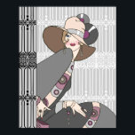 Shelby, 1920s Lady in Grey and Rose Poster<br><div class="desc">Shelby is seated in front of and next to a beautiful set of art deco ironwork fences. She wears a simple hat,  pulled down over one eye,  and a colourful dress and jacket with matching jewellery.</div>