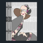 Shelby, 1920s Lady in Grey and Rose Poster<br><div class="desc">Shelby is seated in front of and next to a beautiful set of art deco ironwork fences. She wears a simple hat,  pulled down over one eye,  and a colourful dress and jacket with matching jewellery.</div>