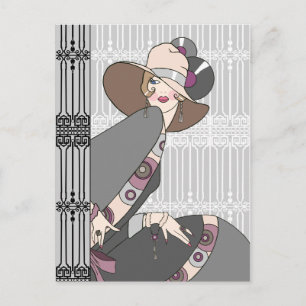 Shelby, 1930s Lady in Grey and Rose Postcard