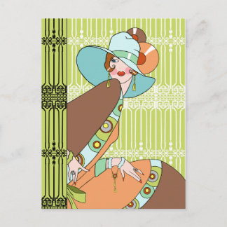 Shelby, 1930s Lady in Kiwi and Brown Postcard