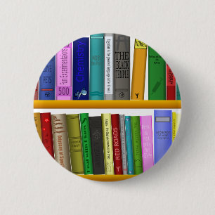 shelf books library reading 6 cm round badge