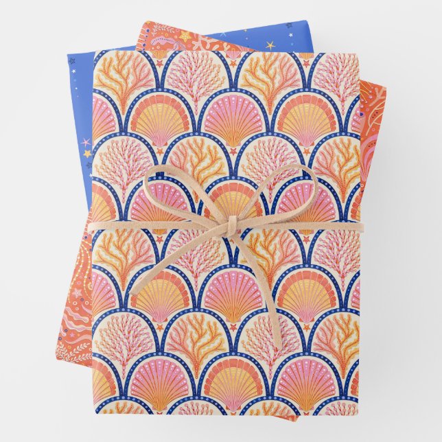 Shell and Seagrass Nautical Set of Three  Wrapping Paper Sheet (In situ)