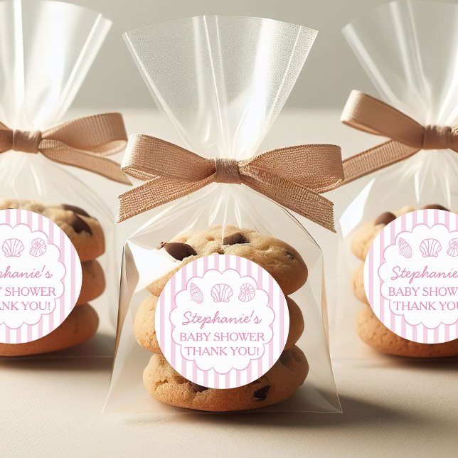 She'll Be Here Soon Pink Sea Shells Baby Shower Classic Round Sticker (Creator Uploaded)