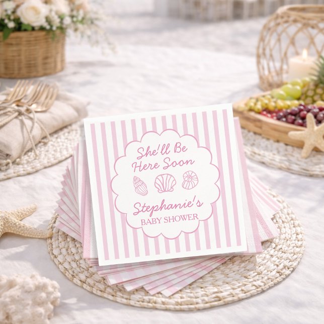 She'll Be Here Soon Pink Sea Shells Baby Shower Napkin (Creator Uploaded)