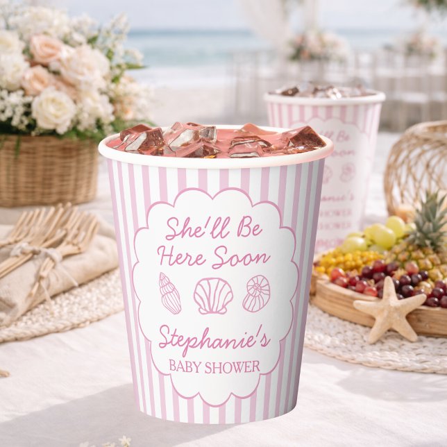 She'll Be Here Soon Pink Sea Shells Baby Shower Paper Cups (Creator Uploaded)
