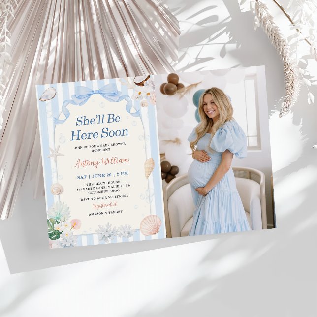 She'll Be Here Soon Seashell Baby Shower Photo Invitation (Creator Uploaded)