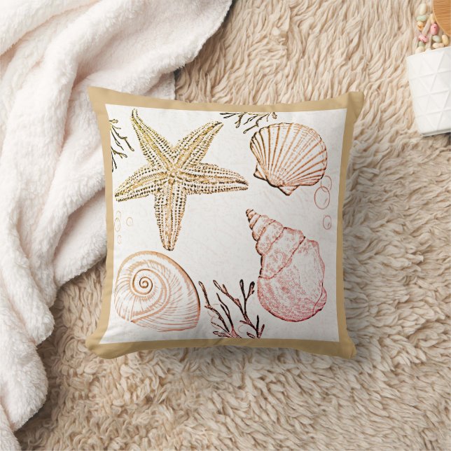 Shell Beach Beige Neutral Seashells Throw Pillow (Blanket)