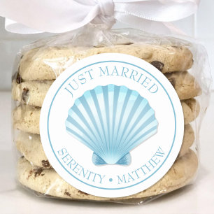 Shell Beach Blue Nautical Wedding Just Married Classic Round Sticker