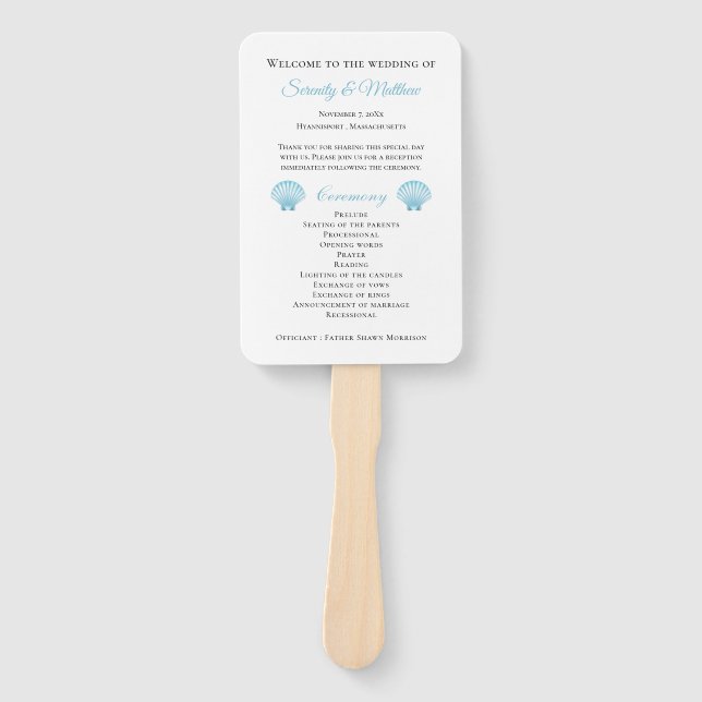 Shell Blue Nautical Beach Wedding Program Hand Fan (Front)