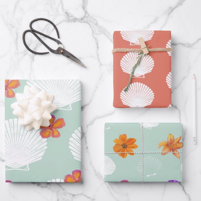 "Shell-ebration" Coastal Beach Party Theme Wrapping Paper Sheet (Front)
