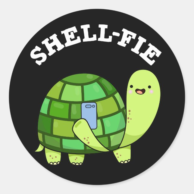 Shell-fie Funny Tortoise Selfie Pun Dark BG Classic Round Sticker (Front)
