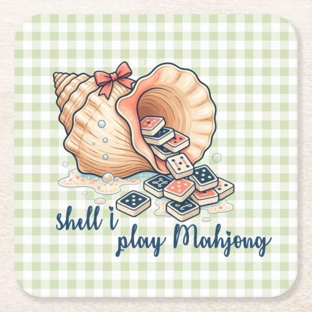 Shell I Play Mahjong Coastal Gingham Square Paper Coaster (Front)