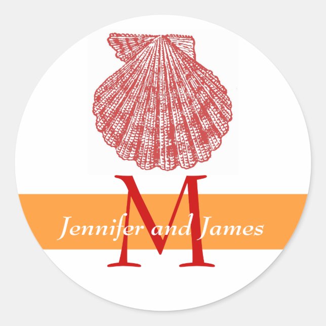 Shell Monogram Names Wedding Stickers Red Orange (Front)
