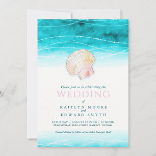 Shell ocean watercolor wedding aqua pink invitation