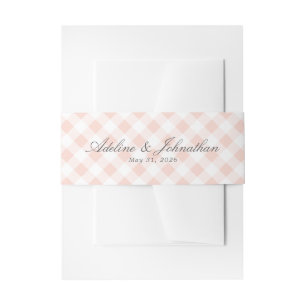 Shell Pink and White Gingham Plaid Name and Date Invitation Belly Band