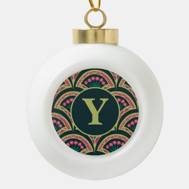 shell shaped green pattern ceramic ball christmas ornament (Front)