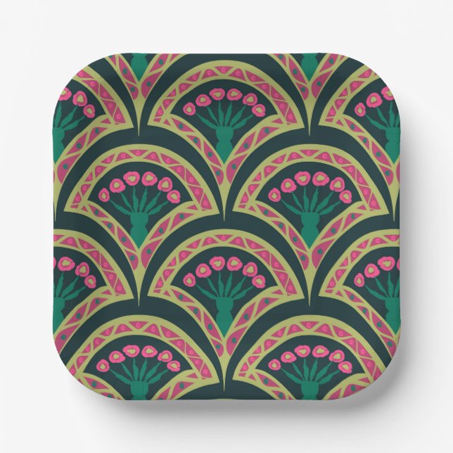 shell shaped green pattern paper plate (Front)
