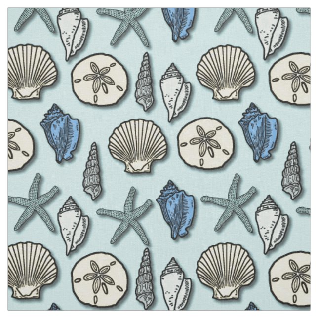Shell Starfish Sea Nautical Pattern Pretty Blue Fabric (Swatch)