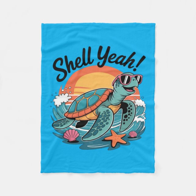 Shell Yeah Cute Turtle Ocean Beach Pun Summer Fleece Blanket (Front)